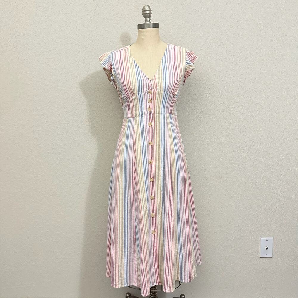MARINE LAYER Camila Midi Dress Colorful Striped Smocked Flutter Sleeve